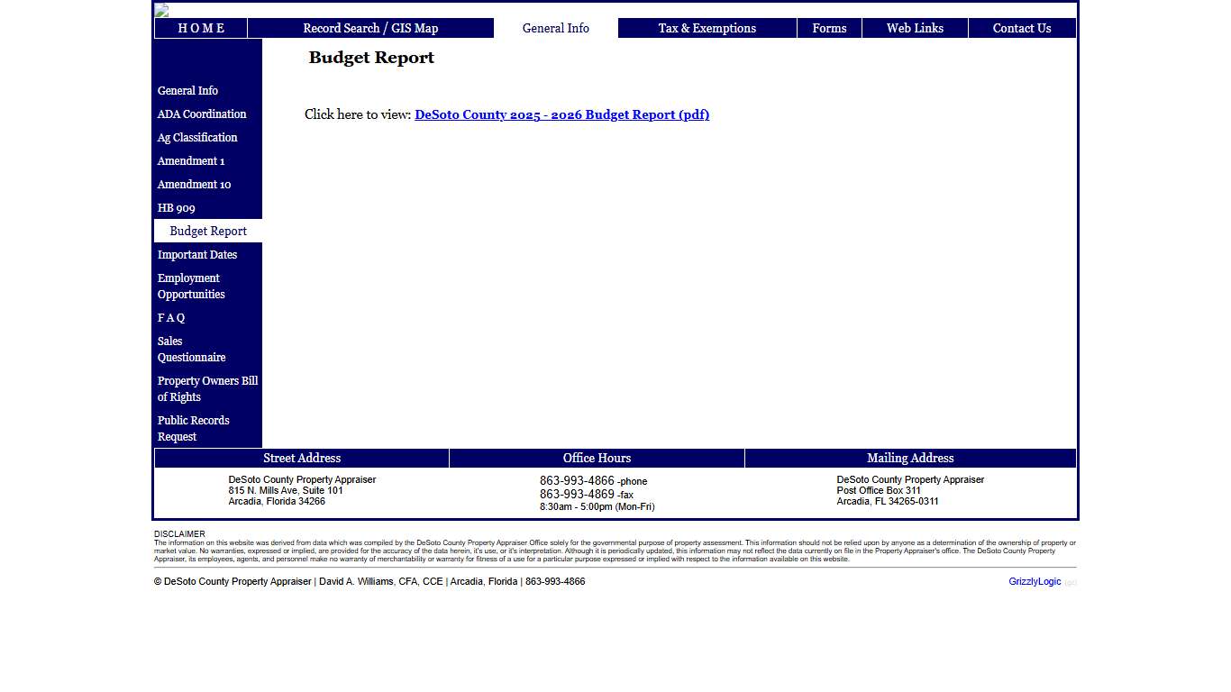 DeSoto County Property Appraiser - David A. Williams, CFA, CCE Arcadia, Florida 863-993-4866