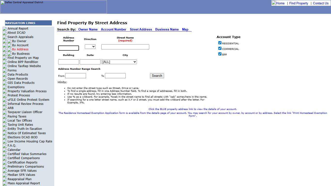 DCAD: Find Property By Street Address